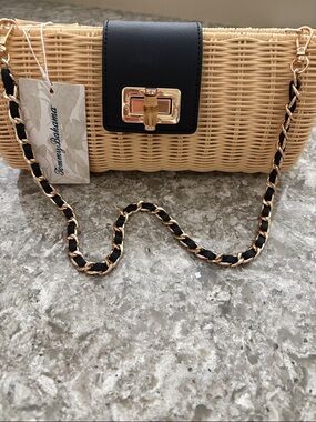 Tommy Bahama Woven Straw Crossbody Bag in Natural with Black Trim